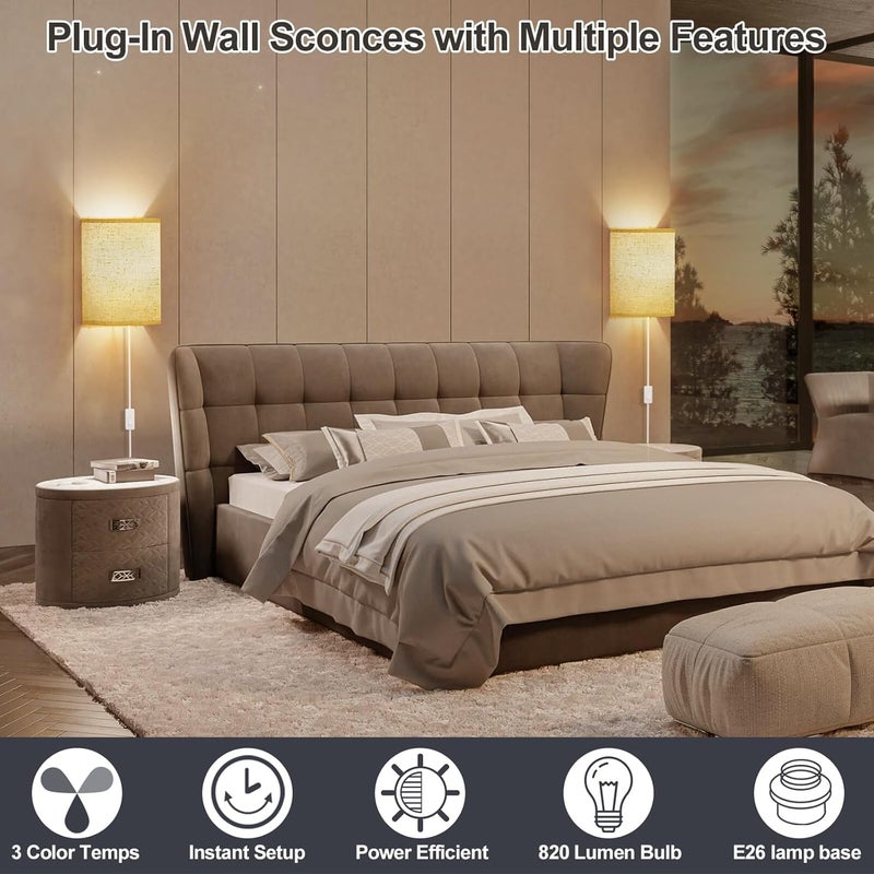 Yunaking Plug in Wall Sconces Set of Two: Wall Lights with On/Off Switch - Stepless Color Temperature Wall Mount Lamps - Fabric Linen Wall Sconce for Bedroom Living Room & Hallway- Indoor Corded Wall Sconces - Image 4